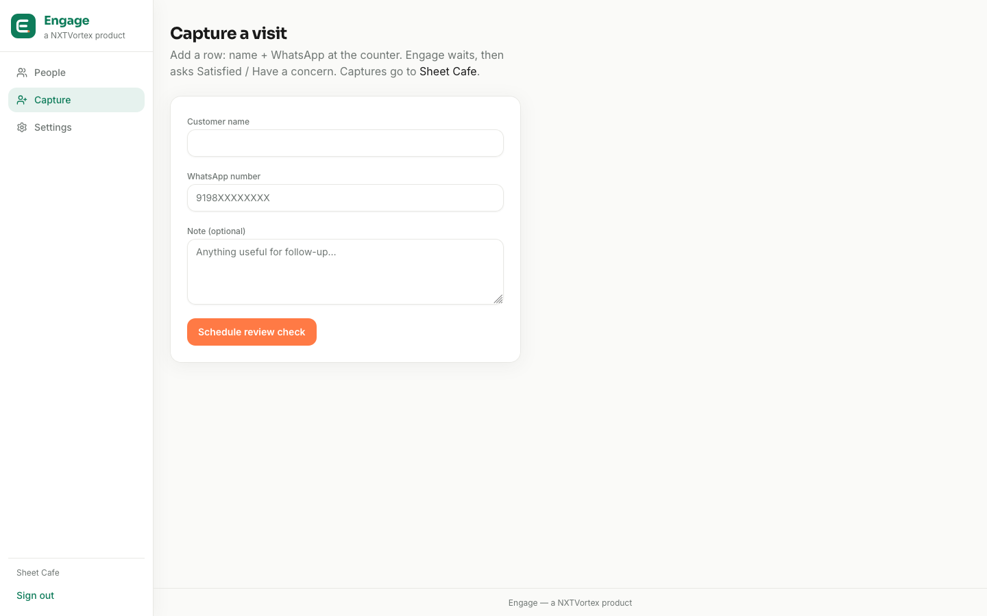 Engage capture - name and WhatsApp at the counter after a visit