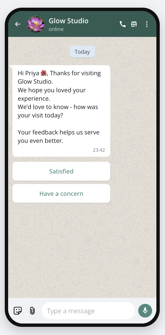 WhatsApp check-in from Engage asking Satisfied or Have a concern