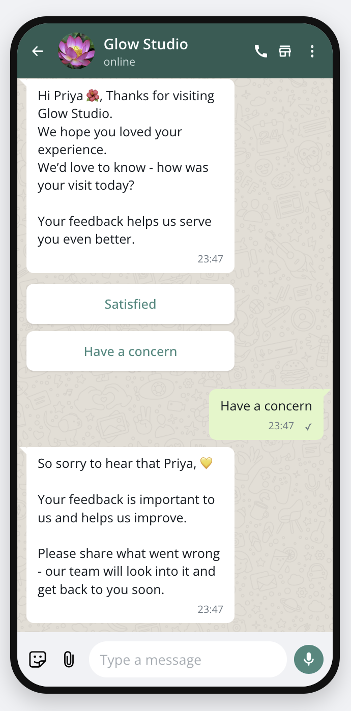 WhatsApp path when a guest has a concern - private feedback stays with the owner
