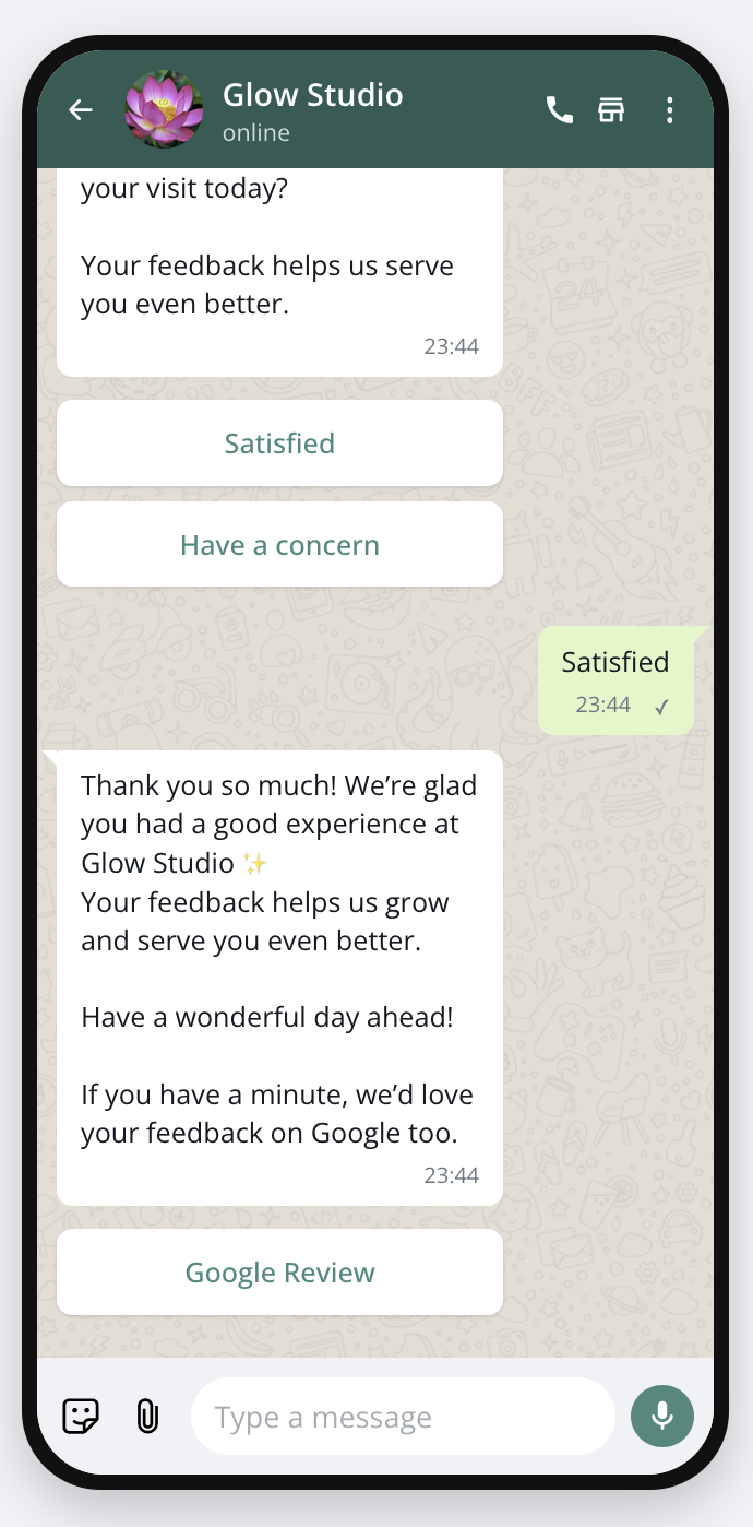 WhatsApp path when a guest is satisfied - tracked Google review link
